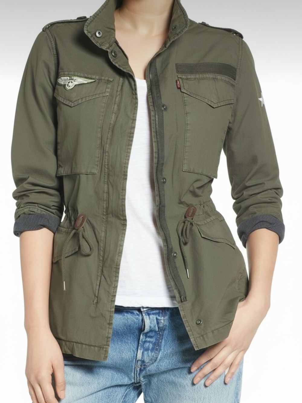 LEVI’S Military Utility Jacket Olive Green Patch Army Field Coat M Cargo‎ Grunge